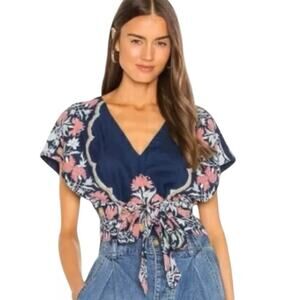 FREE PEOPLE Arielle Printed Top Linen Blend Floral Printed XS NWT